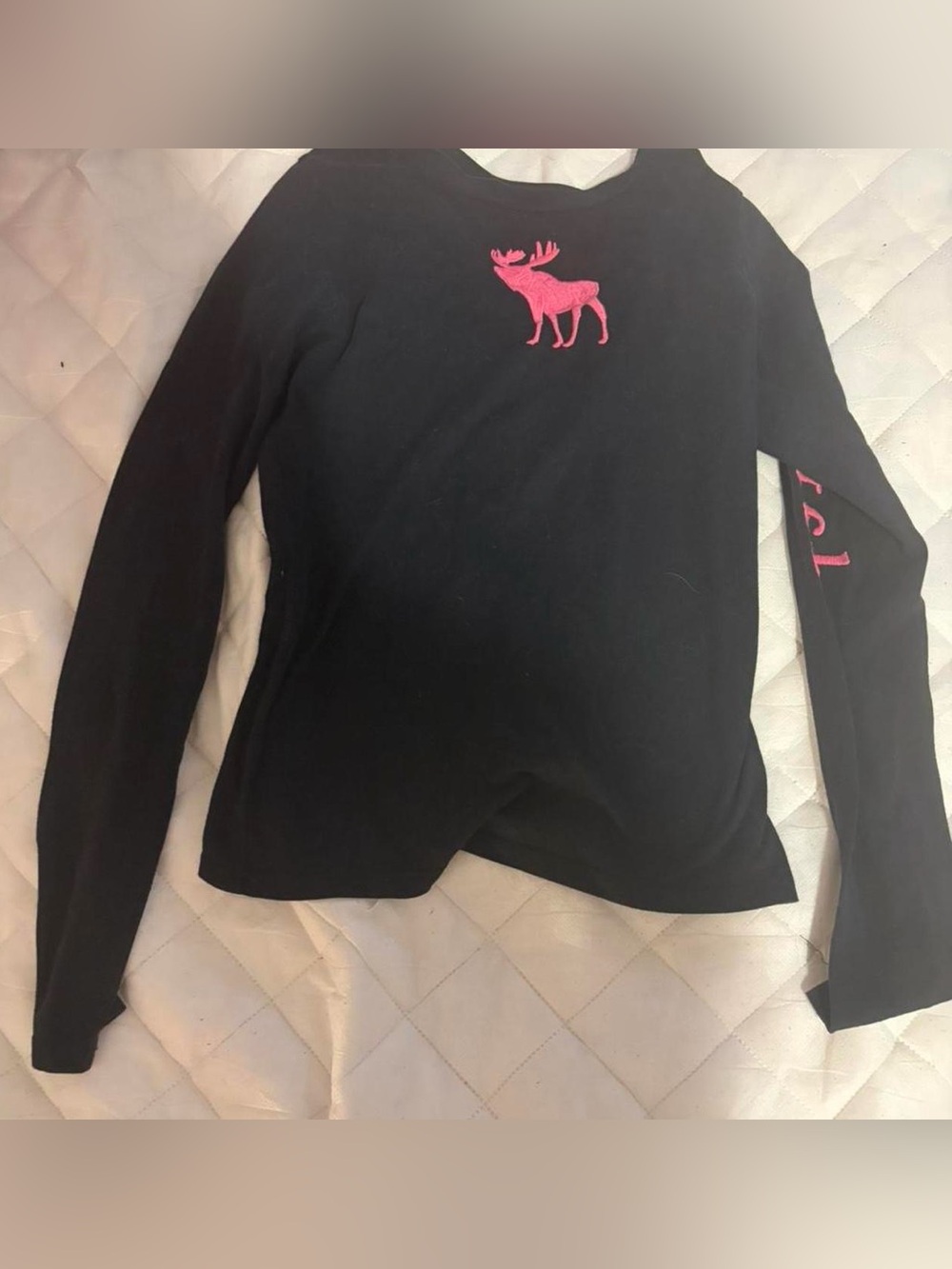 Abercrombie & Fitch Black Long-Sleeve Top with Pink Moose Graphic